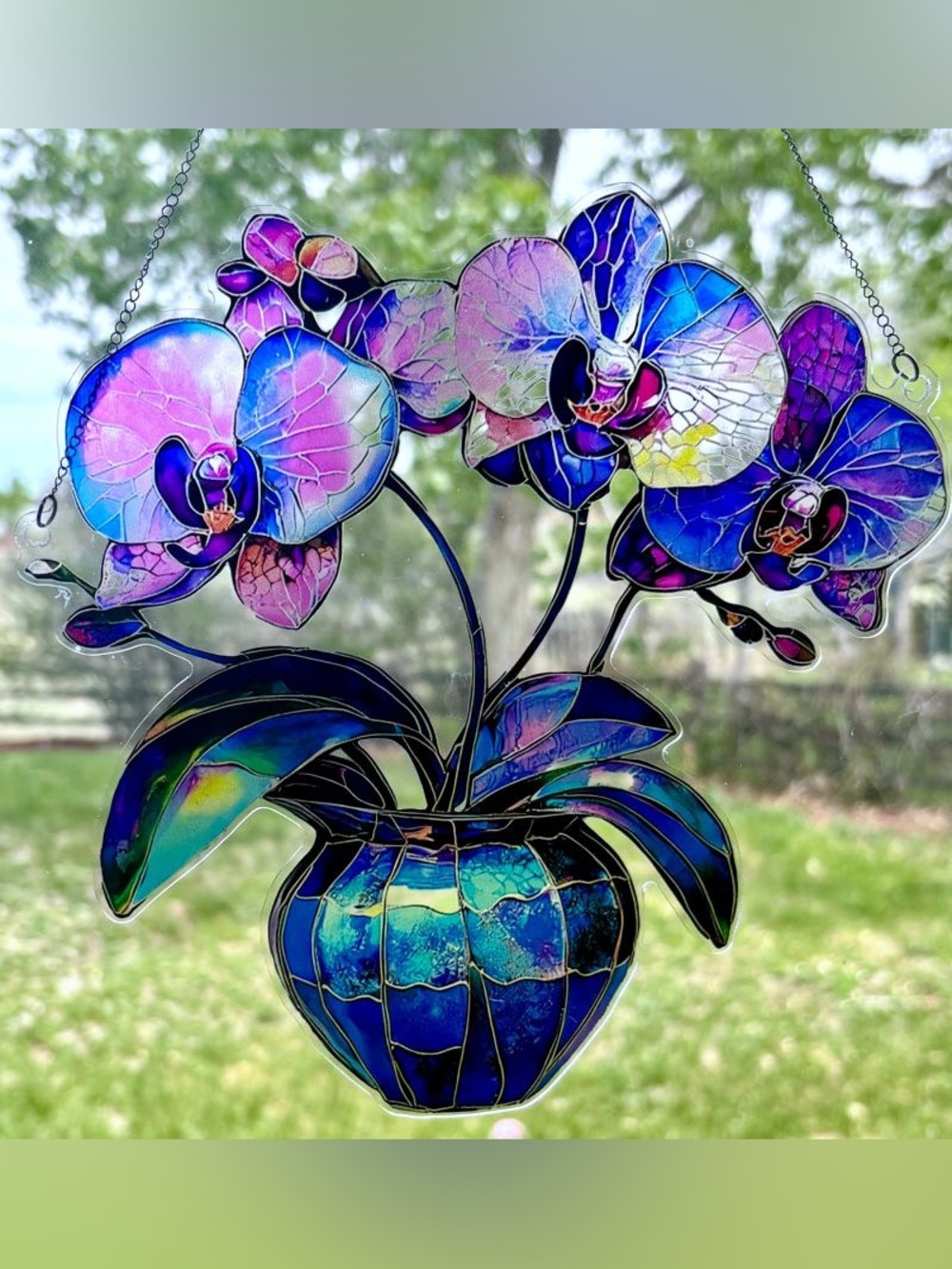 Purple Blue Orchids in Pot Floral Acrylic Window Hanging Sun Catcher New